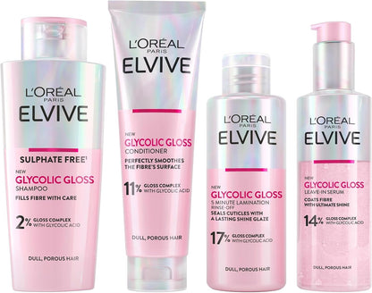 L'Oréal Paris Elvive Glycolic Gloss Shampoo, Conditioner and Rinse-Off Treatment Set for Dull Porous Hair, Get The Shiniest Hair of Your Life, Glossing Routine for Mirror-Like Shine