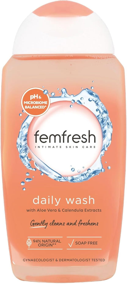 Femfresh Daily Intimate Wash, Feminine Hygiene Shower & Bath Gel Cleanser, pH Balanced, Soap Free Feminine Wash with Aloe Vera & Calendula, Hypoallergenic, 250ml